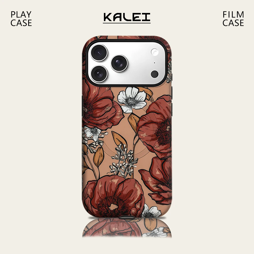 

Crimson Floral Tan Phone Case for IPhone 17 16 15 14 13 Pro Max Plus for Magnetic Single Double-layer Tough Case