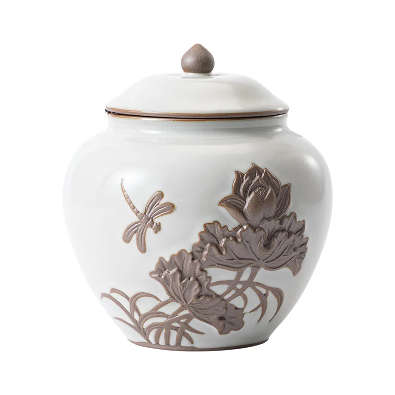 

Ceramic tea cans, Ru kiln opening household sealed storage tanks, relief moisture-proof tea