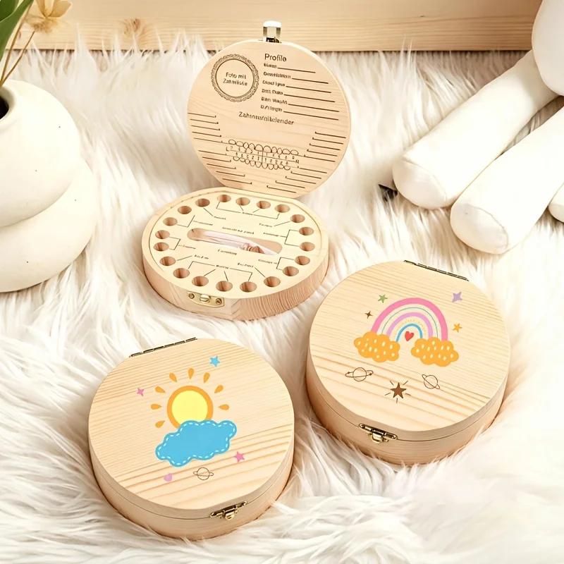 2D Wooden Rainbow Clouds Pattern Tooth Keepsake Box Wooden Storage Teeth Fetal Hair Tooth Commemorative Preservation Box Gift