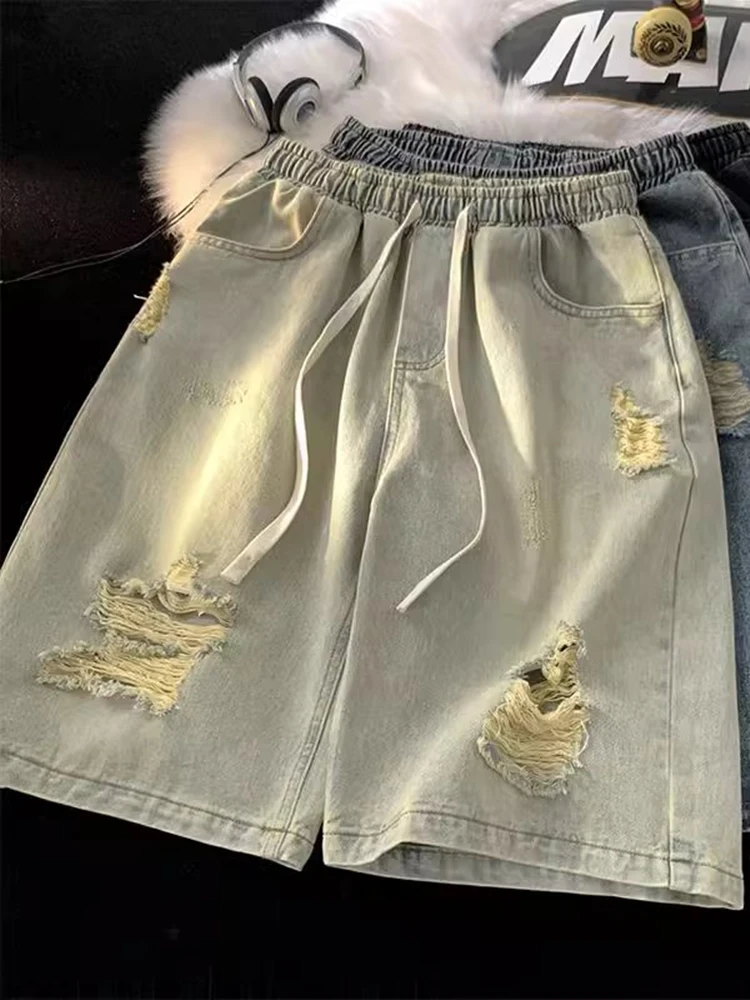 

Summer Loose Fit Ripped Design Denim orts Men's American Sle Thin Five-Point Pants Straight Leg Cool Feeling Lightweight