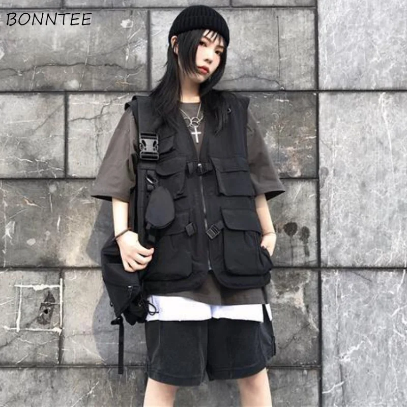 Vests Women Black Safari Style Solid Couple Normcore Woman Loose Leisure Summer Outwear Chic Ulzzang Streetwear Fashion Simple