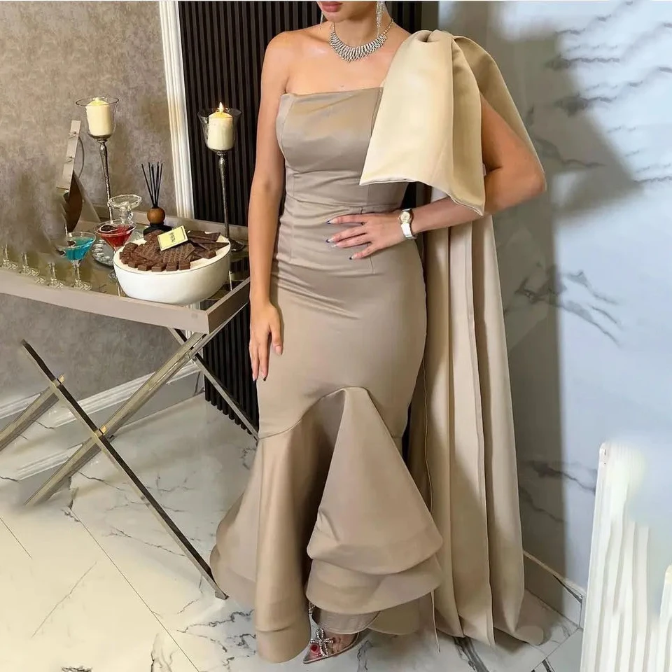 Customized One Shoulder Bow Prom Dresses Ankle Length Strapless Sleeveless Evening Dress 2024 Saudi Arabia Women's Formal