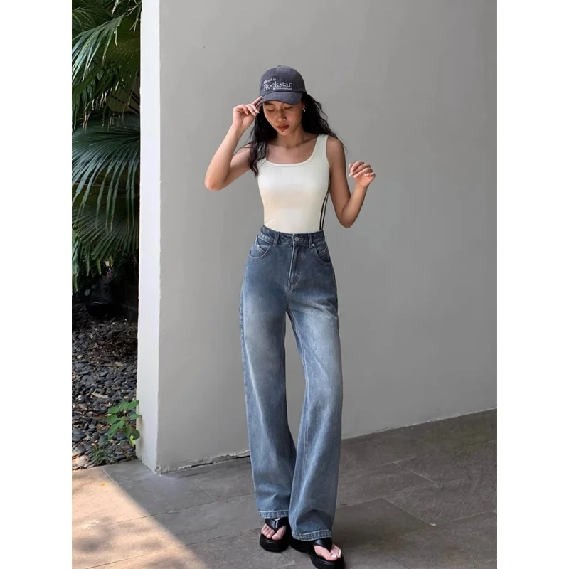 Blue Women Jeans High Waist Fashion American Vintage Streetwear Y2K NEW Wide Leg Jean Female Denim Trouser Baggy Denim Pants