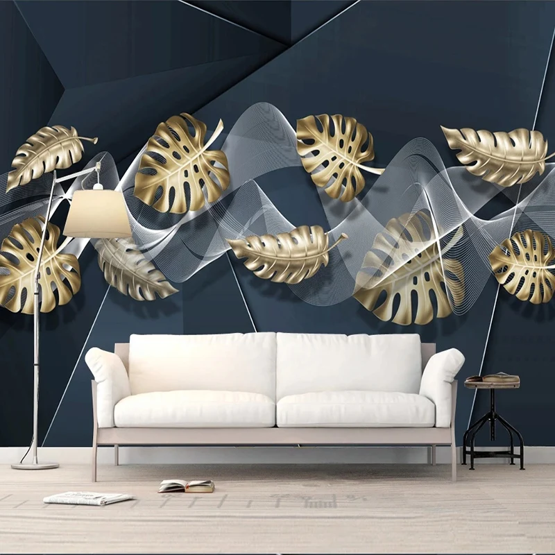 

Custom Mural Wallpaper 3D Stereo Abstract Lines Golden Leaves Wall Painting Living Room Bedroom Home Decor Papel De Parede