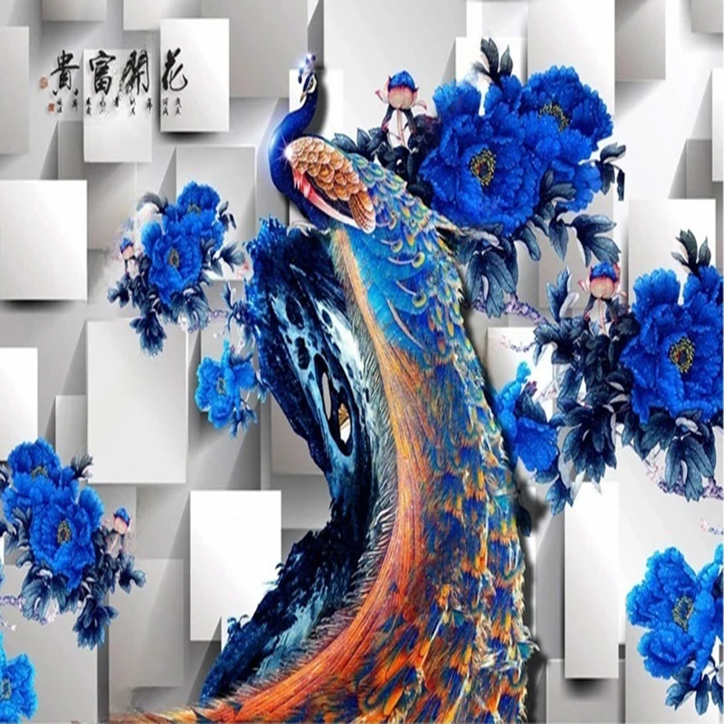 Custom Mural Wallpaper 3D Abstract Space Geometric Pattern Peacock Flower Wall Art Painting Background Decorative Wall Papers