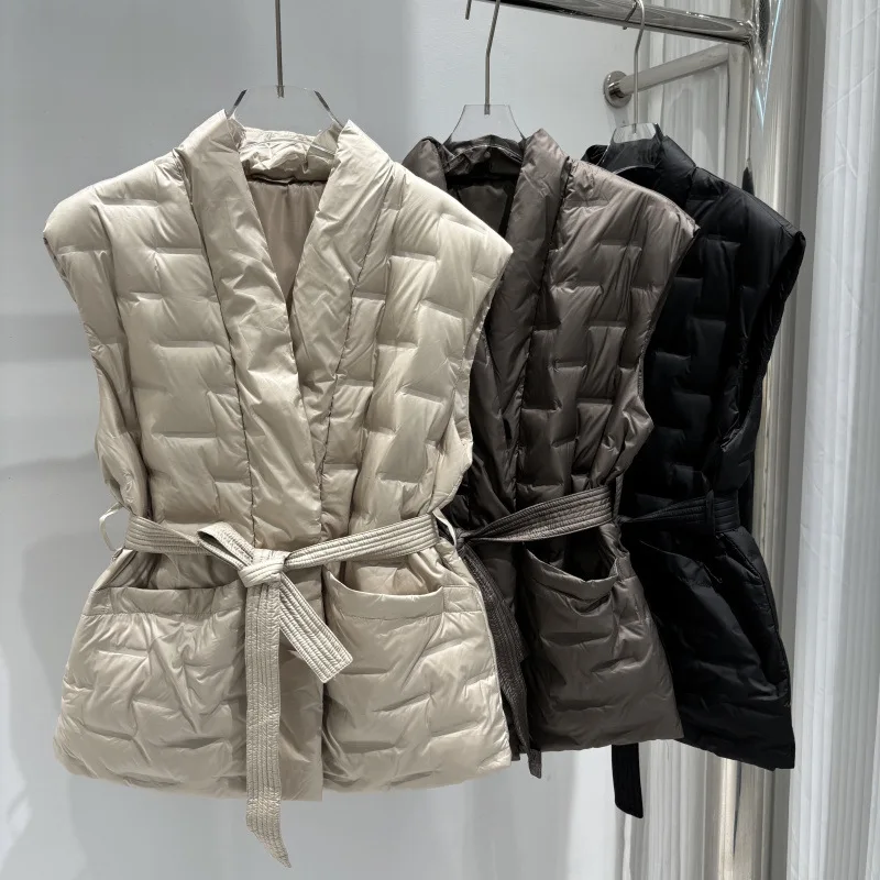 الشتاء الخريف الأبيض بطة أسفل سترة فضفاضة البخاخ أسفل سترة دون أكمام حزام المرأة خفيفة الوزن الأبيض بطة أسفل صدرية الإناث