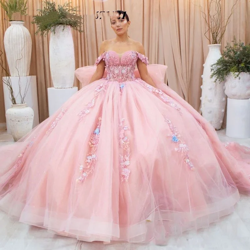 

ANGELSBRIDEP Romantic Princess Pink Ball Gown Quinceanera Dresses For Special Events Off Shoulder Girls Birthday Party