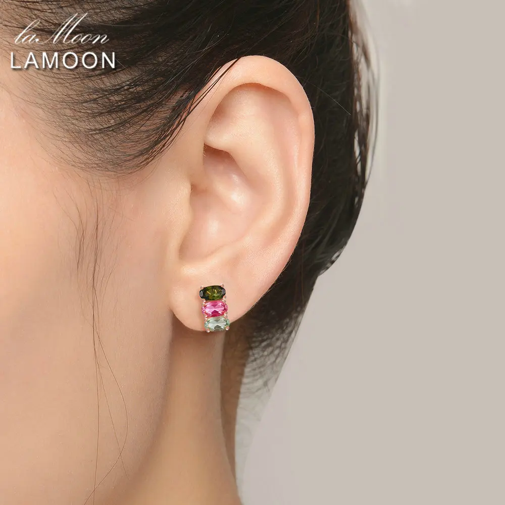 LAMOON Classic 100% Natural Multi-Color Oval Tourmaline 925 Sterling Silver Jewelry  S925 stud Earrings LMEI035