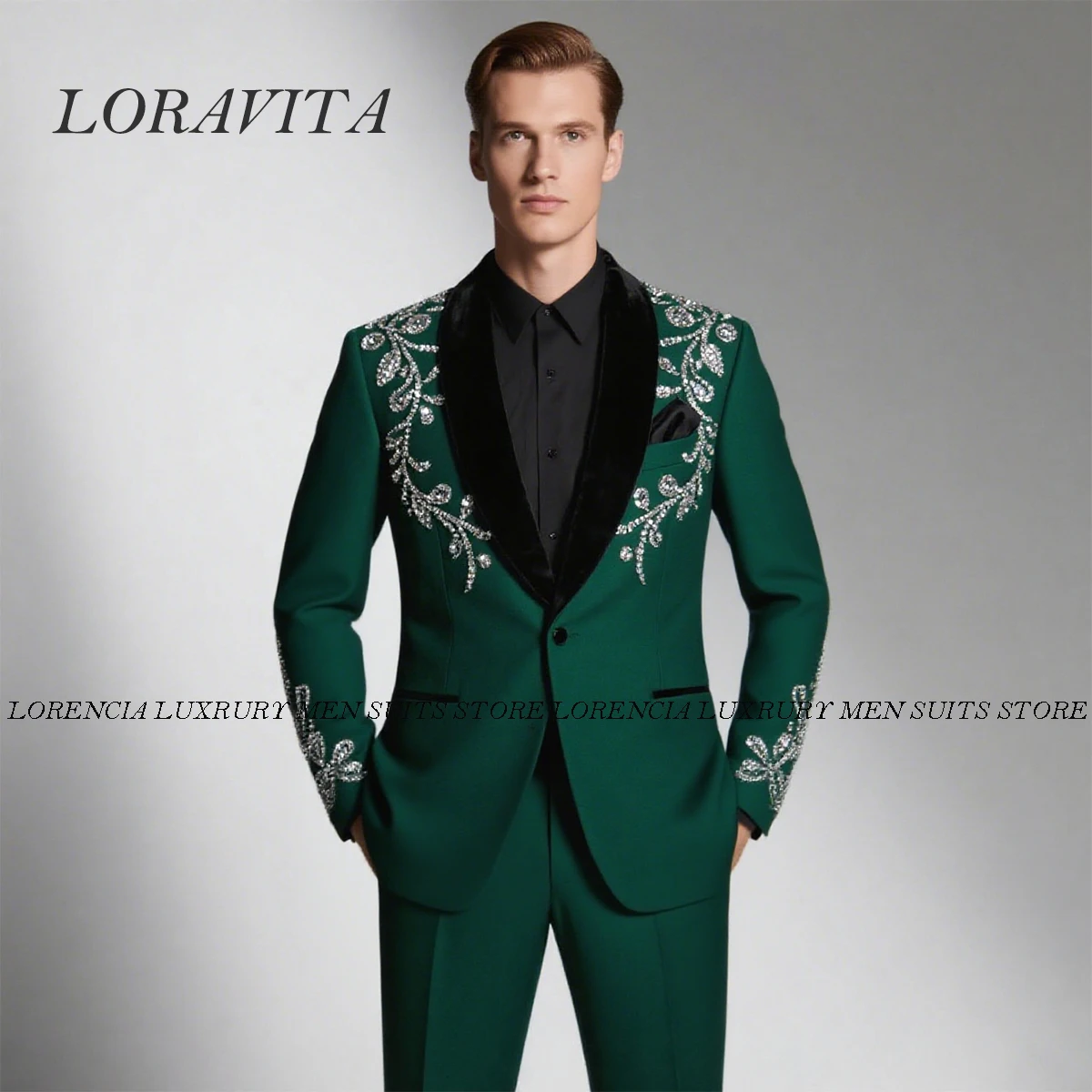 

Customized Fashion Single Breasted Men Suit 2 Pieces Sets Groom Male Blazers Wedding Tuxedo High End Beaded Crystals Ropa hombre
