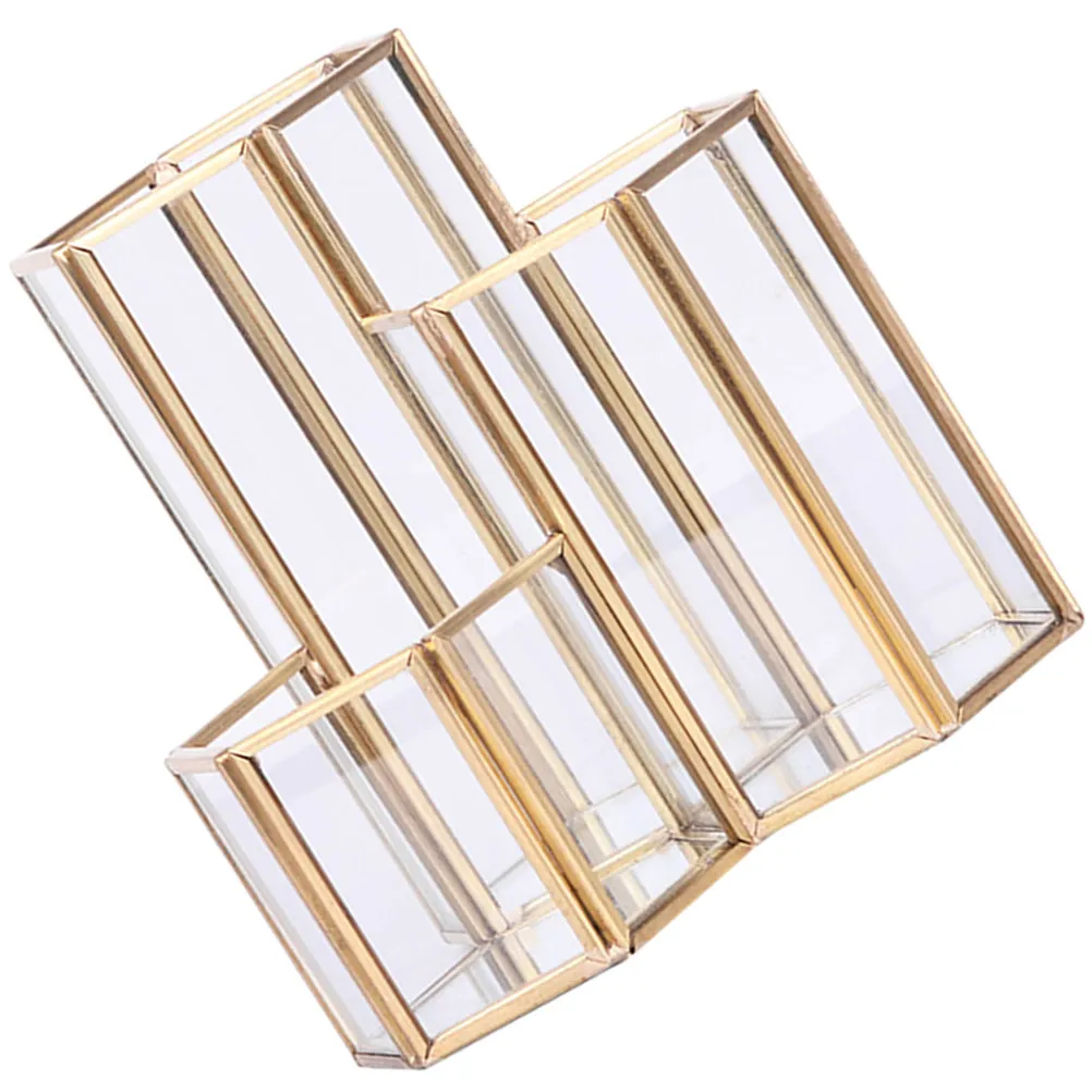 

Makeup Brush Holder Organizer Transparent Glass Nordic Alloy Frame Three-Grid Design Desktop Pen Holder Decorative Makeup Brush