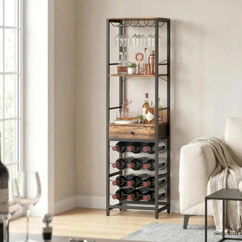 Meuble bar avec tiroir, meuble bar industriel, étagère à vin pour 12 bouteilles, porte-verres, brun rustique 40 x 30 x 148 cm