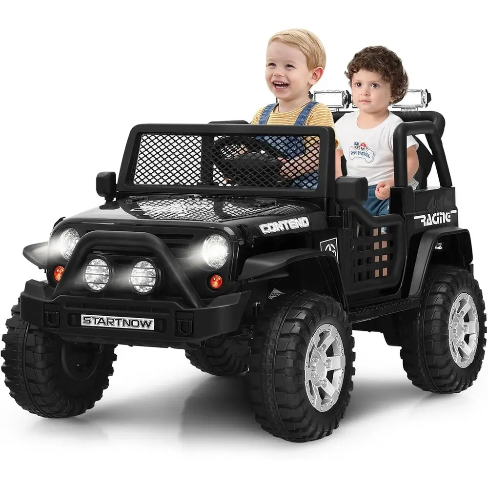 รถบรรทุกเด็กนั่งขับ 2 ที่นั่ง, รถยนต์ไฟฟ้าใช้แบตเตอรี่ 12V พร้อมรีโมทคอนโทรล, 2 ระดับความเร็ว, ระบบกันสะเทือนแบบสปริง, ไฟ LED, สีดำ
