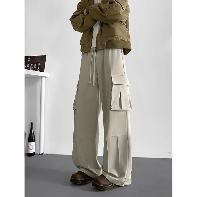Pop Black Casual Pants Men Retro Pocket Cargo Pants Men Japanese Streetwear Hip-hop Loose Wide Leg Pants Mens Vintage Trousers