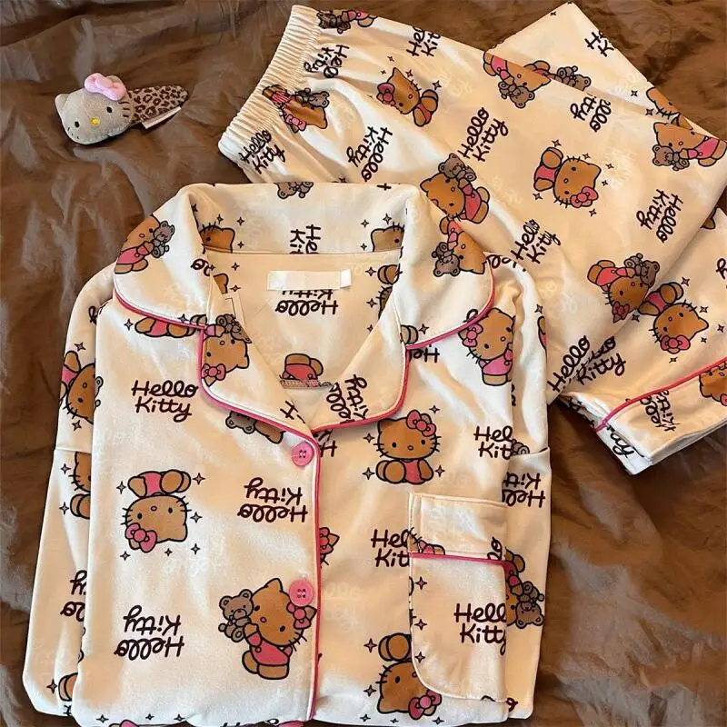 

Sanrio Hello Kitty Winter Sleepwear Sets Kawaii Cartoon Women's Warm Pajamas Long Sleeve Pant Nightwear Student Home Clothes New