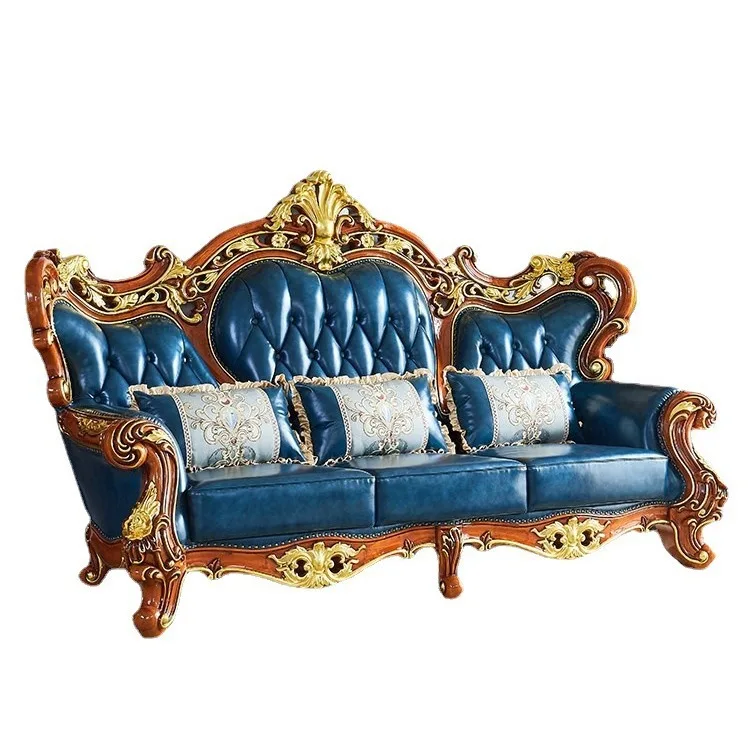 

European leather sofa living room 123 combination American solid wood carving flower first layer cowhide villa whole house furni