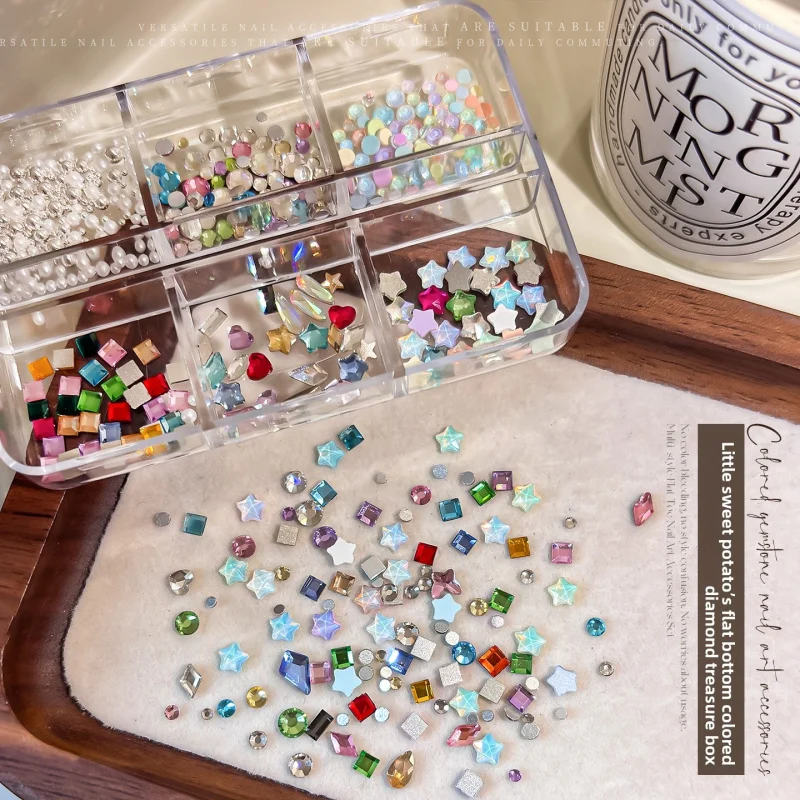 Viral Red Book 6 Grid Colorful Nail Rhinestones Pentagram Round Flat Back DIY Splice Ins Style Press On Nail Accessories