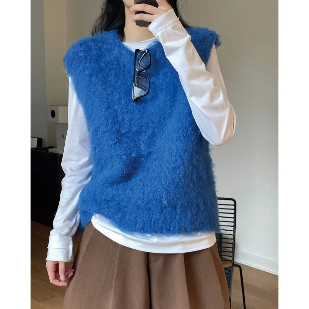 

Lu Fu Long-Haired Hazy Round-Neck Wool Knitted Vest Autumn Style Loose Slimming Look Layered Sleeveless Women's Fashion Top