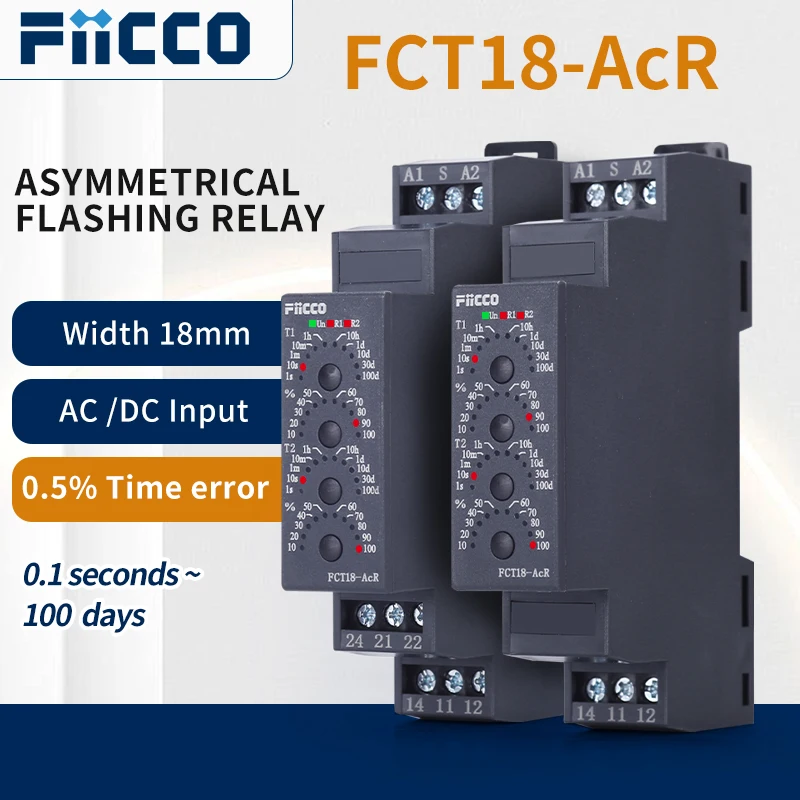 

Fiicco FCT18-AcR Replacement for DH48S-S Din Rail Mounting AC230V DC24V Asymmetrical Flashing Timer Relay For Movable Equipment