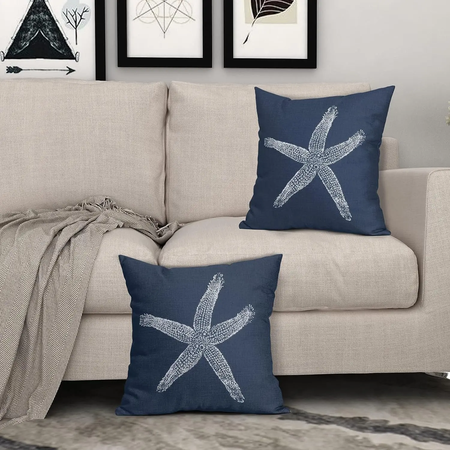 2 Pcs Navy Blue Starfish Pillow Covers 18X18 Inch Coastal Beachy Nautical Beach Decorative Pillowcases Linen Square Cushion Case