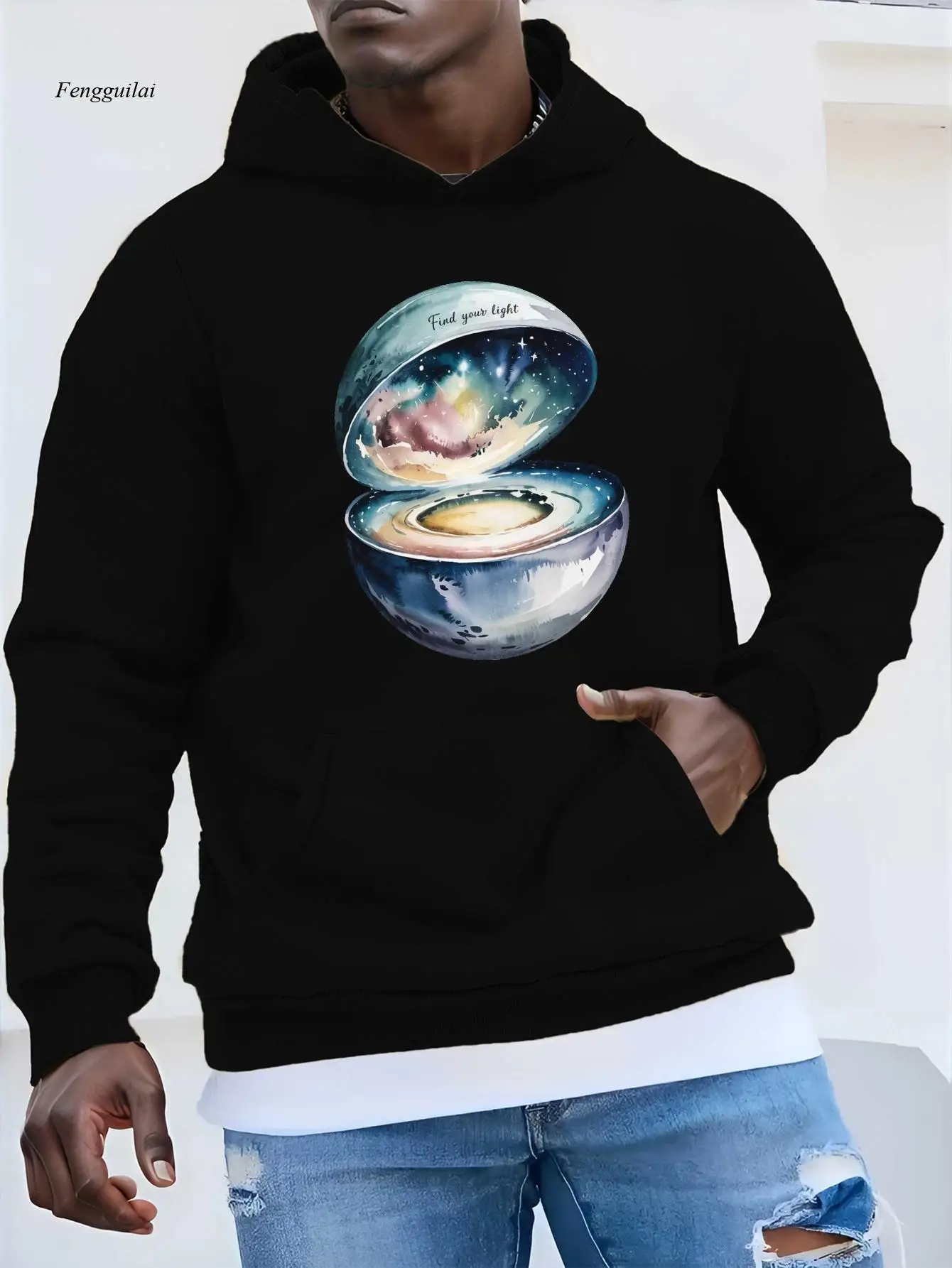 هوديي كاجوال بطبعة قمر وألوان مائية وكواكب - تصميم "اكتشف ضوءك"، فضفاض، أكمام طويلة، جيب أمامي