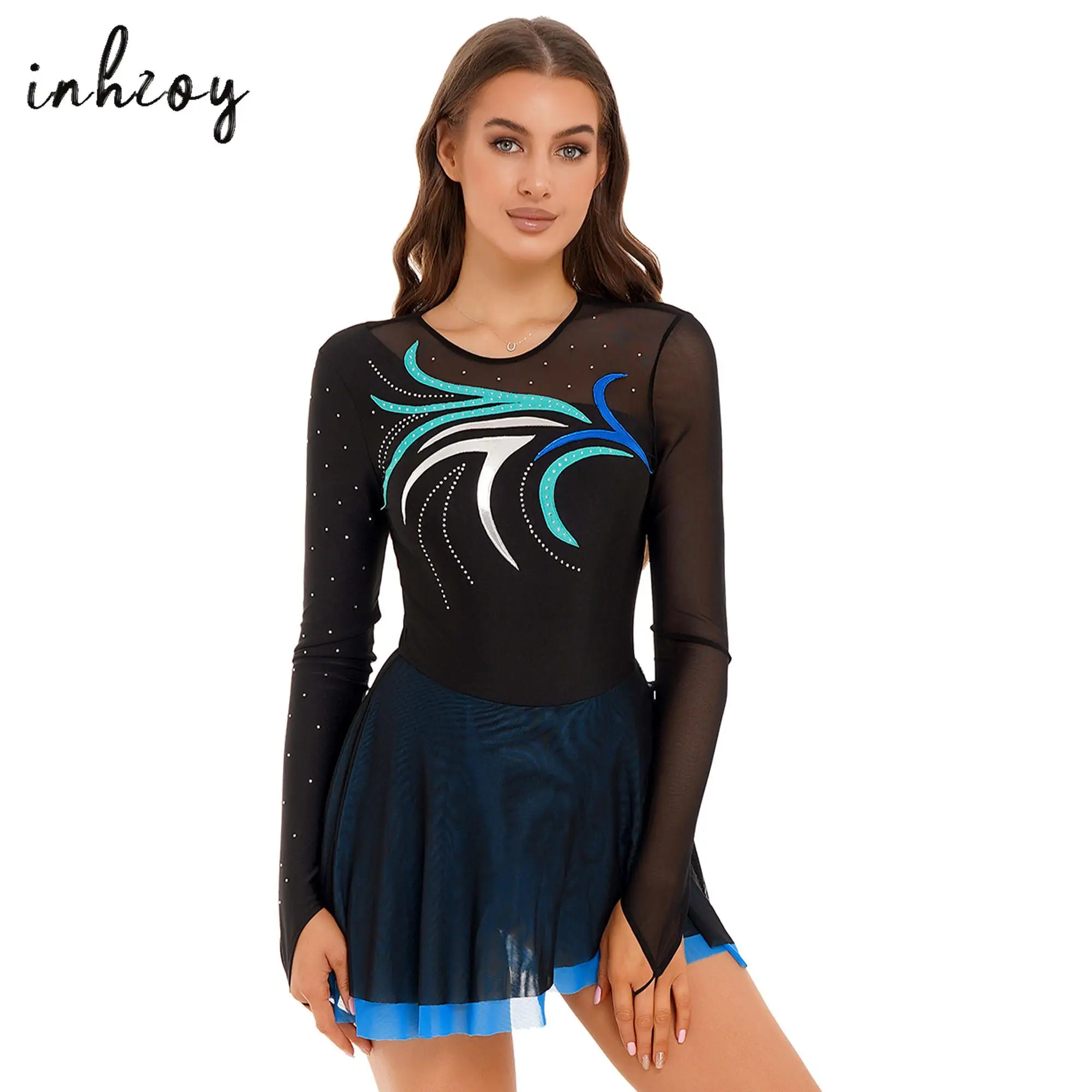 

Women's Gymnastics Figure Skating Dance Costume Contemporary Lyrical Dance Dress Shiny Rhinestone Long Sleeve Sheer Mesh Dresses