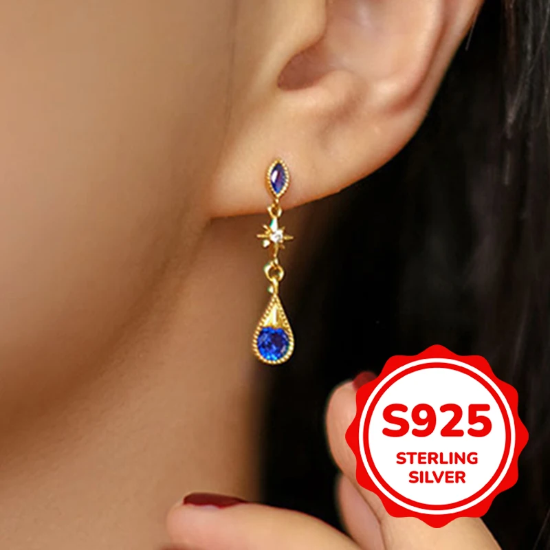 

S925 sterling silver medium-length star water drop earrings geometric dreamy earrings for women retro ornate palace fashion