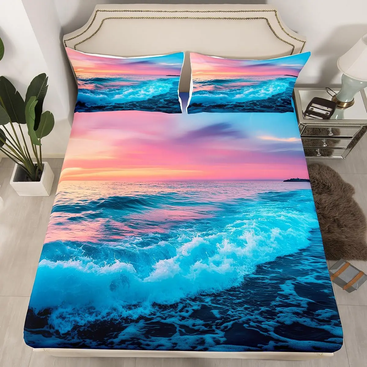 Beach Theme Fitted Sheet Hawaiian Beach Ocean Bed Sheet Set Sea Nature Pattern Bedding Set Summer Holiday Vacation Bed Cover