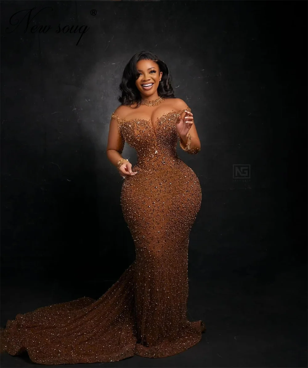 Aso Ebi Brown Mermaid Cocktail Dresses Sheer Neck Beaded Prom Dress African Crystals Evening Dress For Weddings Party Customized