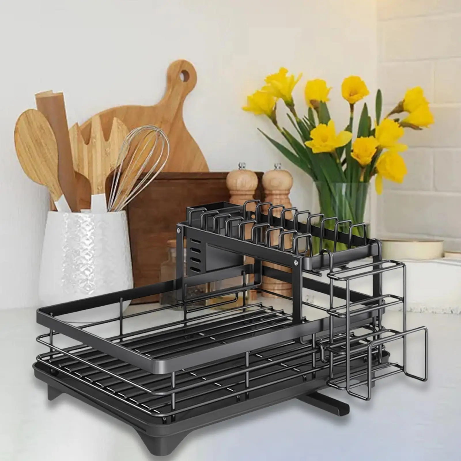 

2 Tier Dish Rack Cups Holder with Drainboard Multifunctional Storage Space