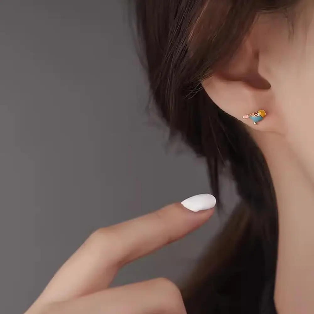 Cute Bird Stud Earrings for Women Girls 14k Gold Plated Tiny Animal Pet Enameled Blue Yellow Pink Feather Birds Tragus Post Ear