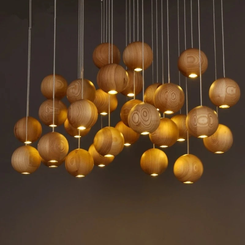 

Designer Creative Art Solid Wood Spherical Shape Villa Parlor LED Pendant Lights New Chinese Style Luxury Home Adorn Chandelier