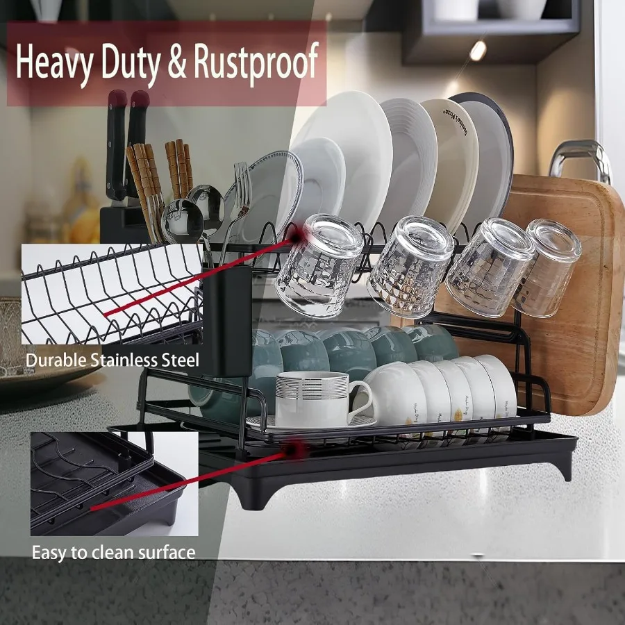 Rak Pengering Piring 2 Tingkat Rak Piring untuk Meja Dapur Rak Pengeringan Besar dengan Organizer Pengering Piring Tahan Karat Papan Pembuangan dengan