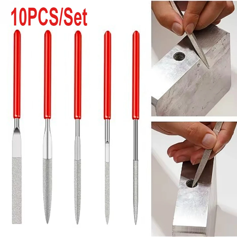 Needle File Set Needle Files 10 Pcs/Set 3*140/4*160mm Electroplated Diamond For Grinding For Metal/deburring Red+Silver