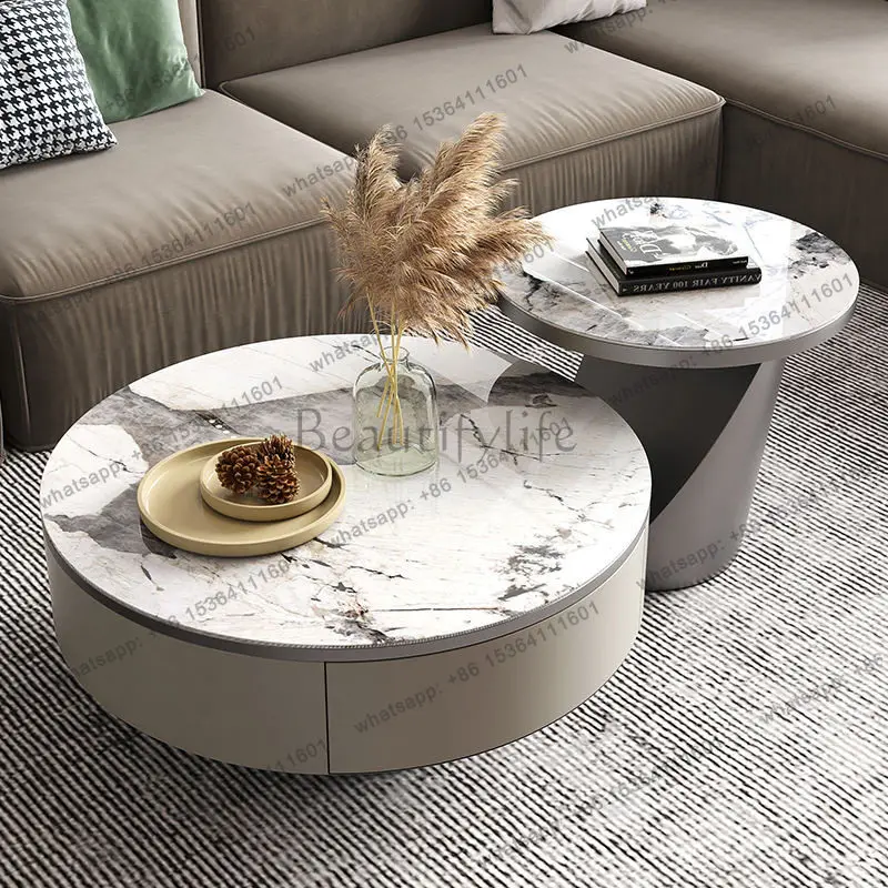 

Italian light luxury rock slab round coffee table household small apartment