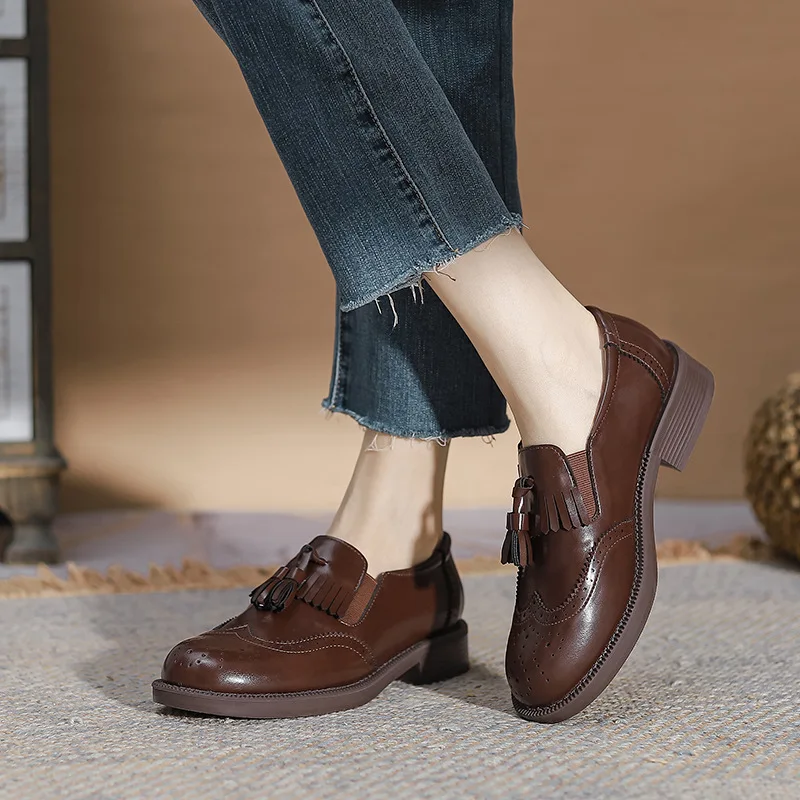 

British Style Genuine Leather Brogue Shoes Women Oxfords Flat Dress Shoes Cowhide Brand Ladies Leather Shoes D1055