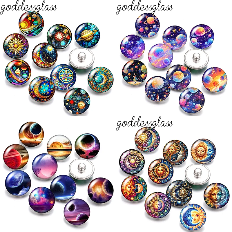 Sun Moon Stars Planets Out space universe patterns Round photo glass cabochon 12mm/18mm snap buttons fit 12mm/18mm snap jewelry