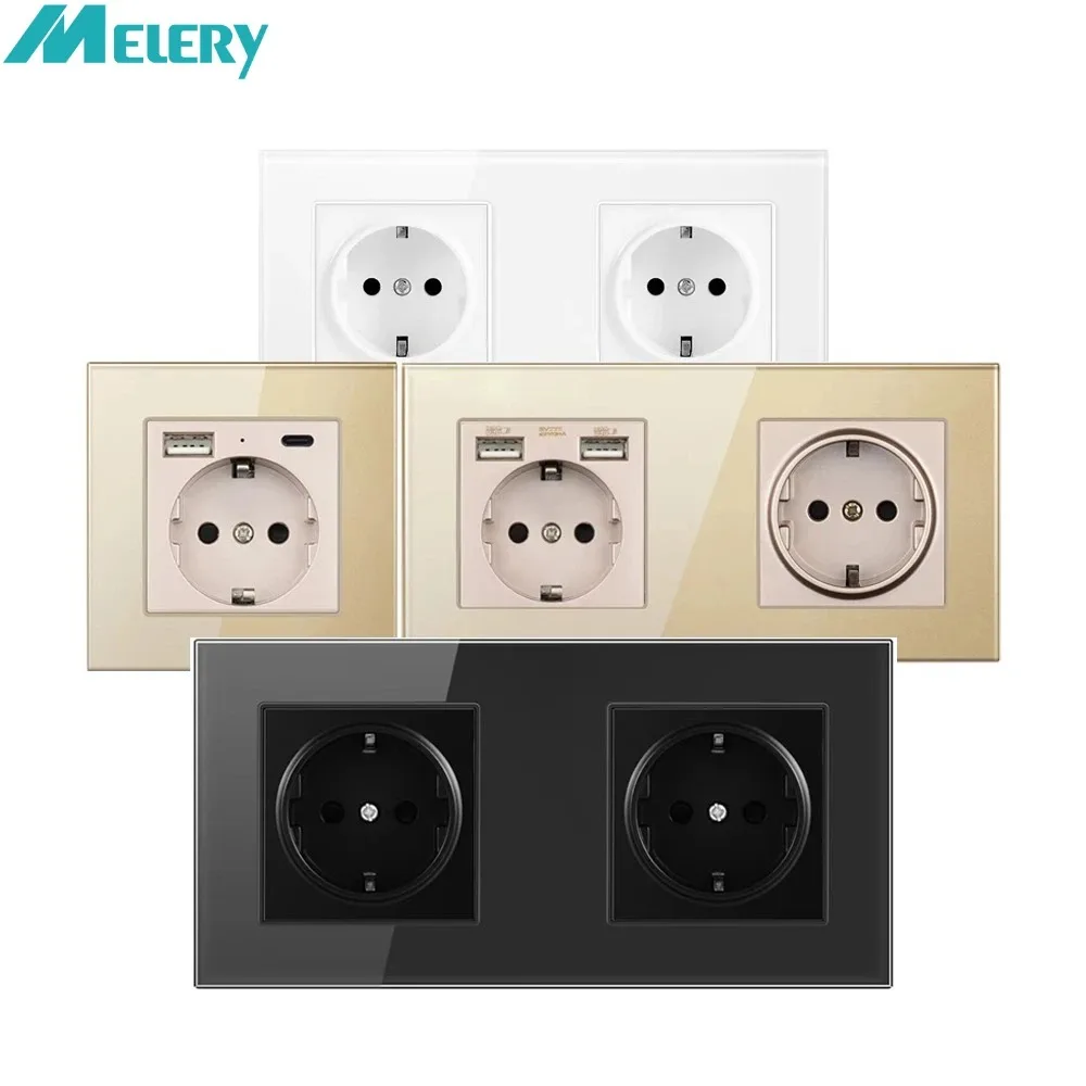 

Melery USB Wall Socket 86*86 Pressure Schuko Type C Electrical EU Plug Outlet Crystal Glass Panel Frame Home Office Kitchen