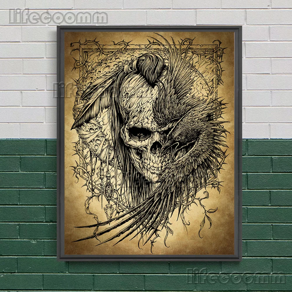 Skeleton Grim Reaper And Cowboy Gothic Wall Art Canvas Painting,Horror Dark Abstract Art Poster And Print Home Decor Unframed