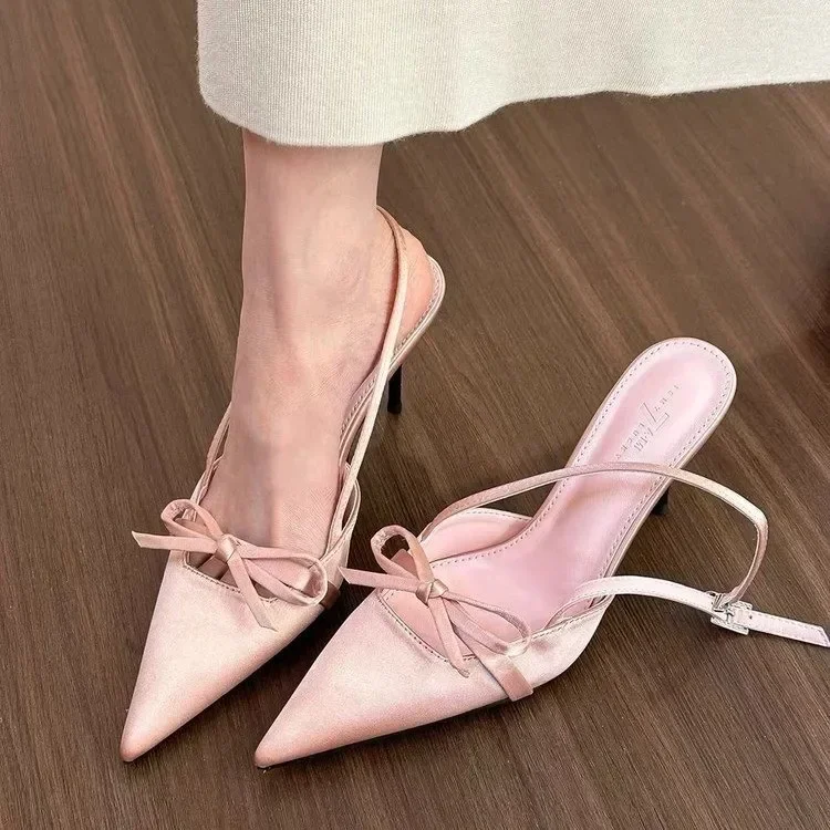 Women's Shoes Summer New Pink Pointed Toe Butterfly Knot Women Slingbacks Heels Shoes Zapatos De Mujer Ladies Thin Heel Sandals