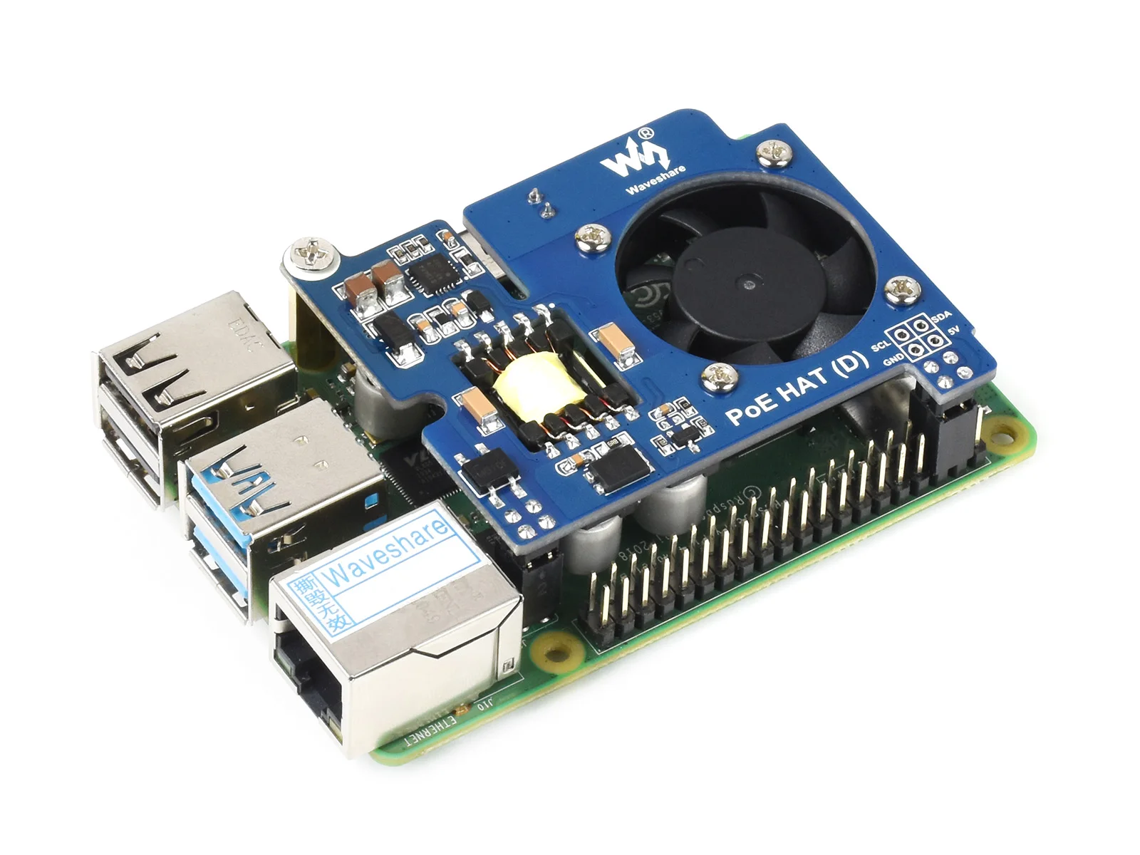 PoE HAT (D),Power Over Ethernet HAT (Tipe D) untuk Raspberry Pi 3B+/4B, sesuai 802.3af, disesuaikan untuk casing resmi Raspberry Pi