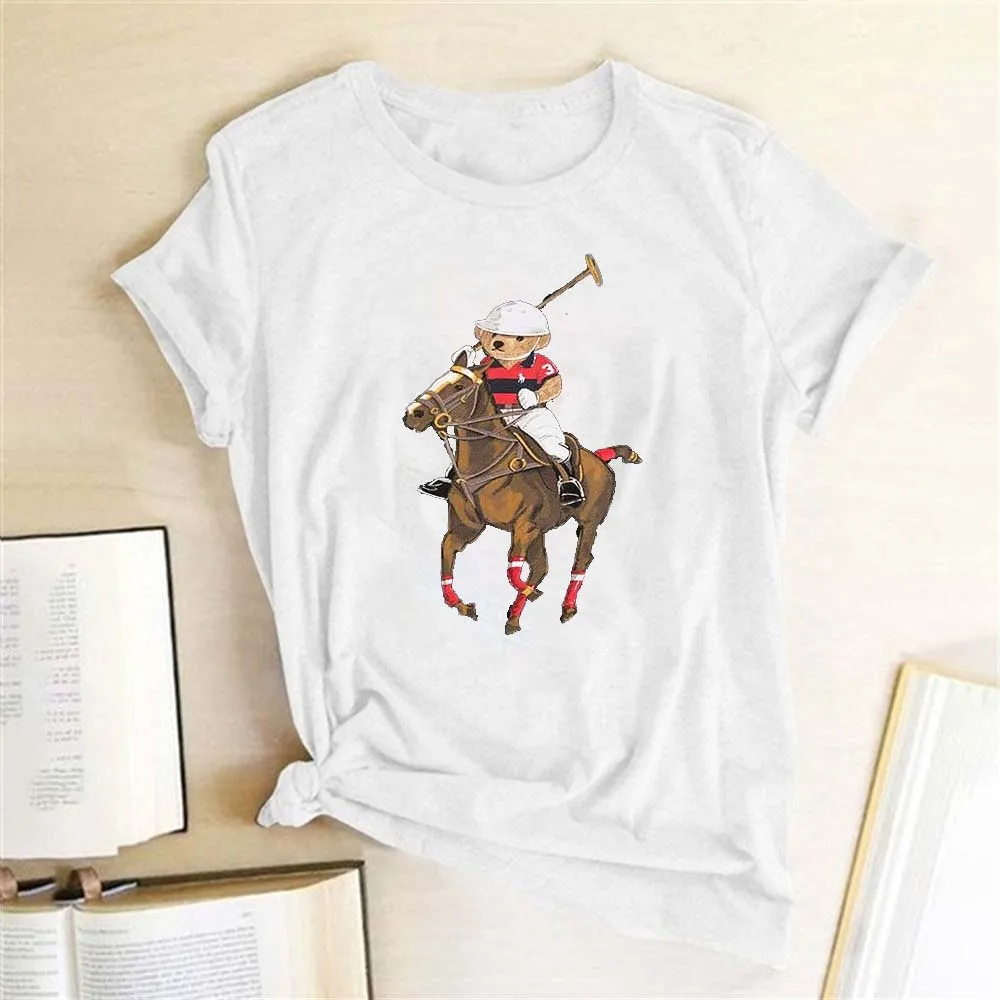 Seeyoushy Bear Riding Polo Print Summer Casual Fashion Women\'s Shirt Harajuku Women\'s Short Sleeve Crewneck Top Vegan T Shirt