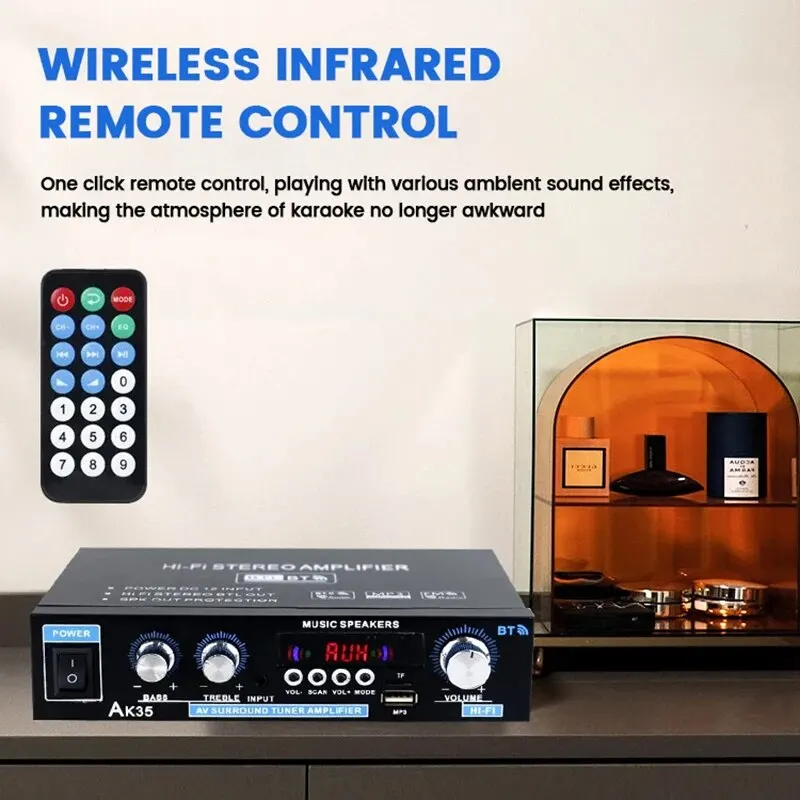 AK35 30W*2 Home Car Power Amplifiers 2 Channel Bluetooth Surround Sound FM USB Remote Control Mini HIFI Digital Stereo Amplifier