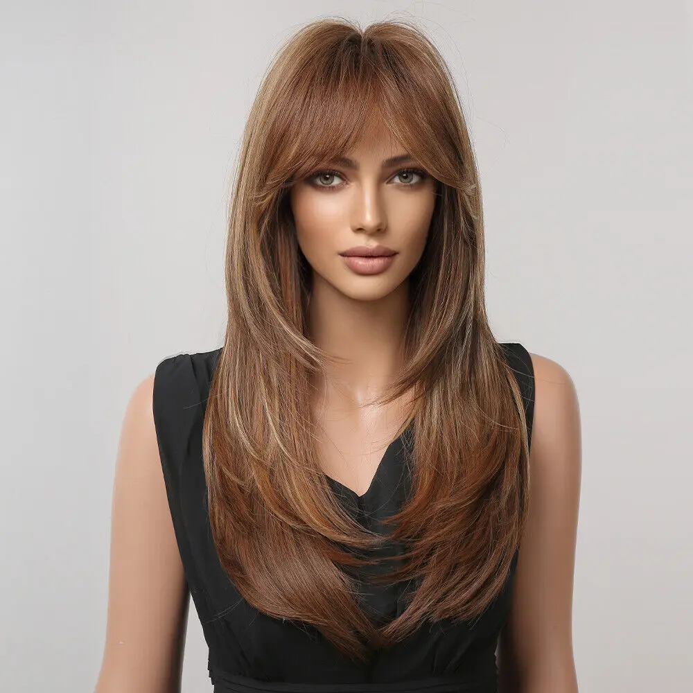 Long Straight Sweet Brown Blonde Hair Bang Natural Women Wigs