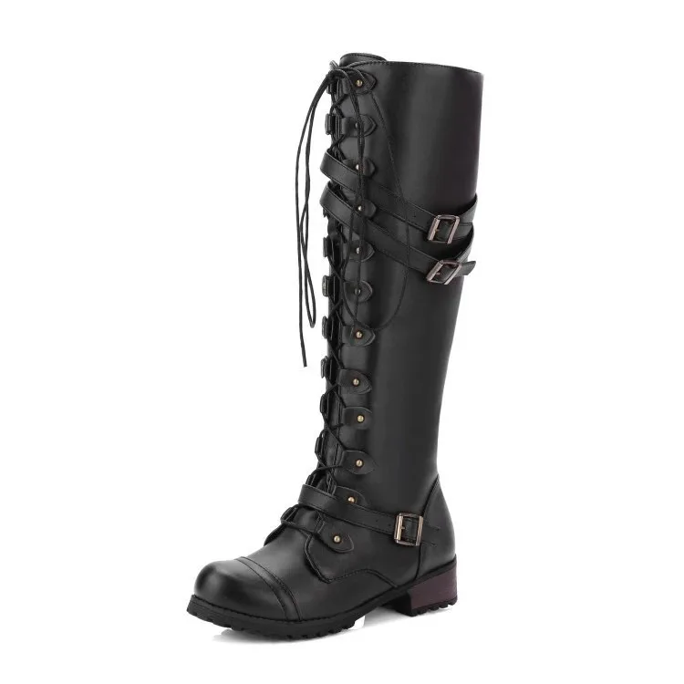 Stivali alti al ginocchio da donna autunno inverno scarpe basse stringate Sexy Steampunk PU scarpe medievali con fibbia retrò stivali da neve da