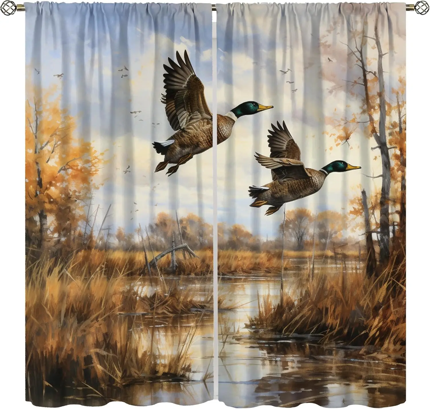 Vintage Mallard Duck Curtains for Bedroom,Country Nature Rustic Oil Painting Fall Forest Reeds Pond Hunting Animals Window