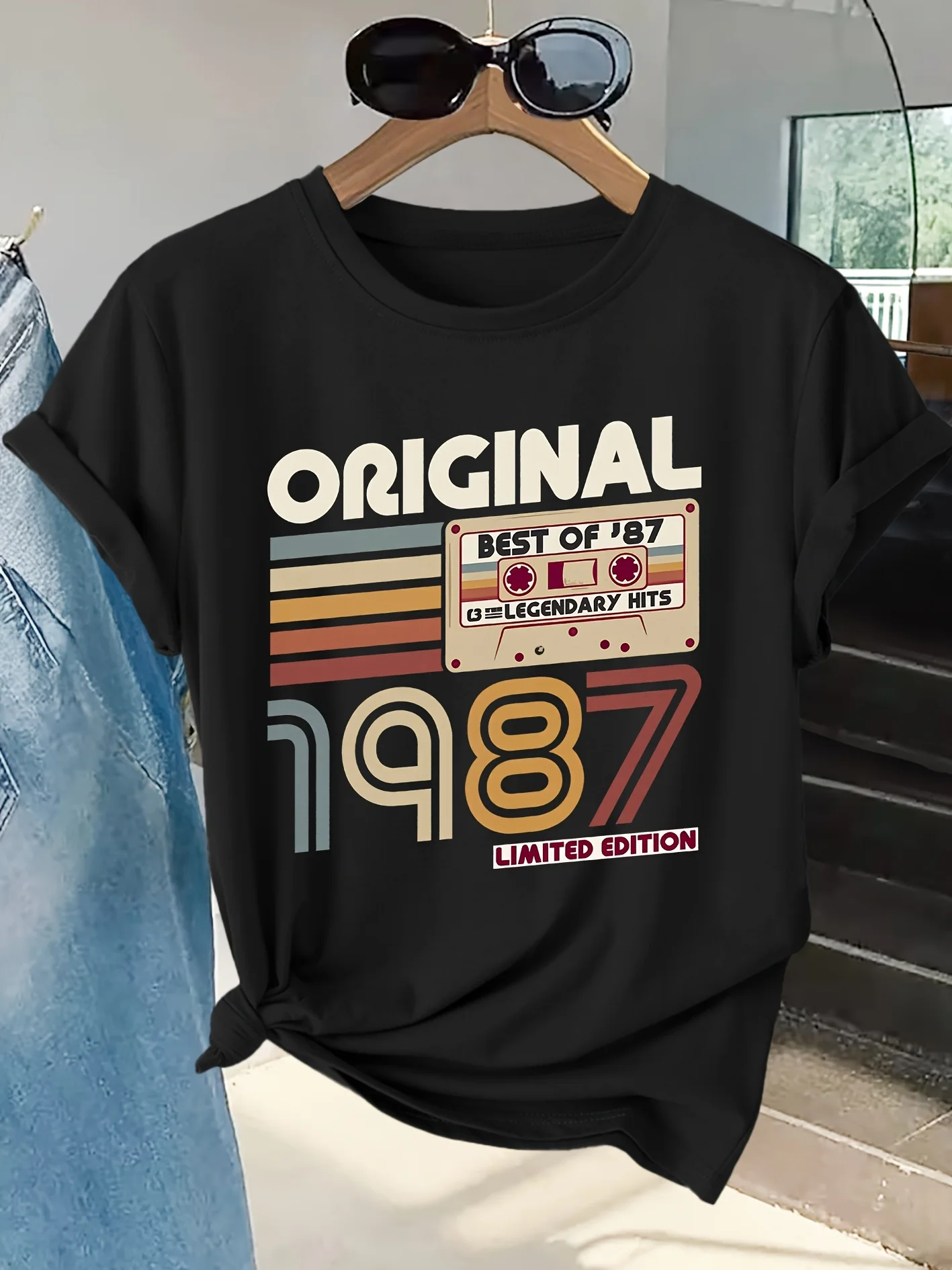 Vintage 1987 Cassette Print Round Neck Skin Friendly Soft Summer Personality Quirky Casual Trend Daily Women's Streetwear