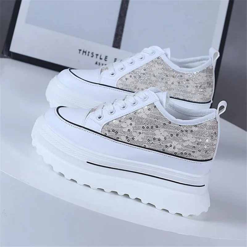 2024 Women\'s Sneakers Spring Sequined Casual Shoes Women Platform Heels Wedges Height Increasing Vulcanized Shoes 9cm