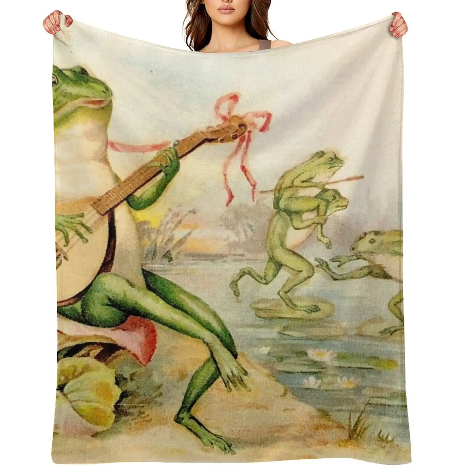 

FROG STRUMMING : Vintage Abstract Entertainment Print Throw Blanket Extra Large Throw Decorative Beds Hairys Blankets
