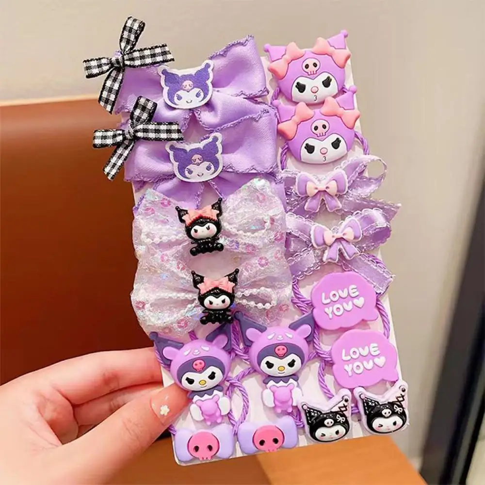 16Pcs/set Kawaii Kuromi Stretch Bow Hair Tie for Kids My Melody Double Ponytail Leather Band Hair Accessories Student Gift