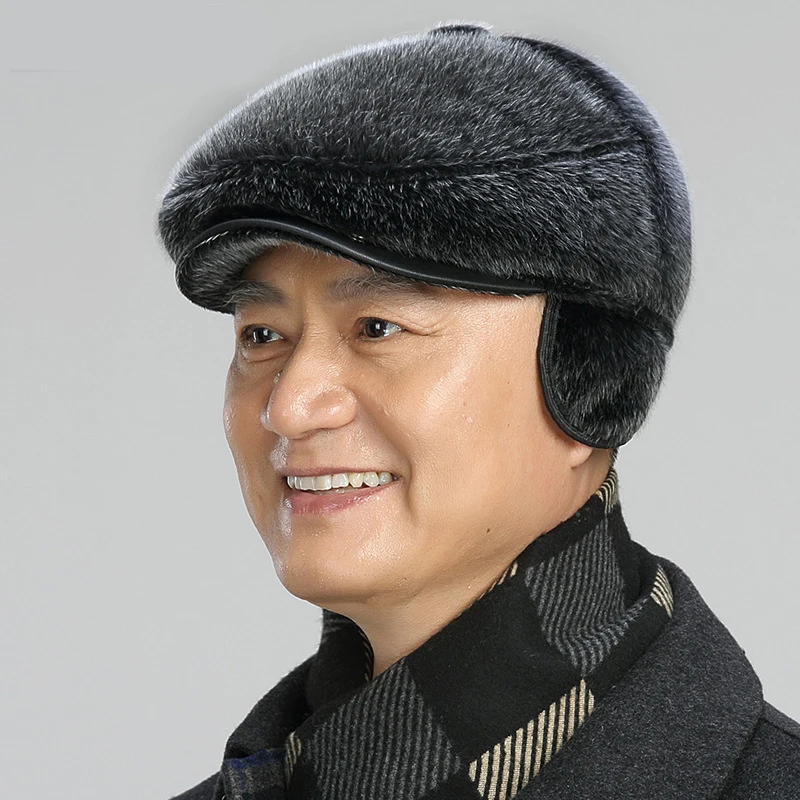 Elderly Man Hat Winter Thickened Sea Lion Hair Old Men Duck Tongue Cap Mink Hair Hats Warm Padded Cotton Forward Caps